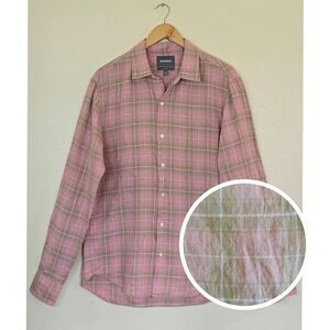 Bonobos Slim Fit Linen Blend Shirt Mens Size Large Long Pink Plaid Button Up